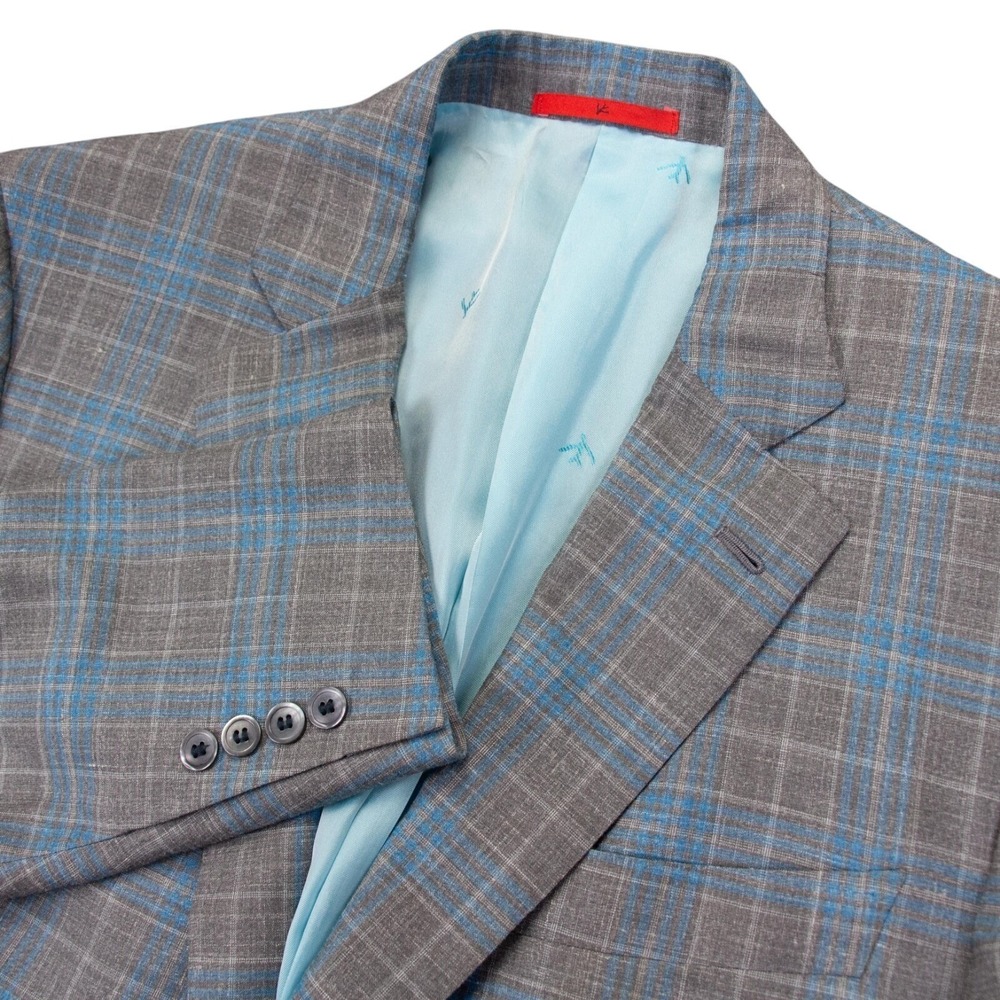 ISAIA Gregory Mens 44R Blue Gray Plaid Cashmere Silk‎ Linen Blazer Sport Coat